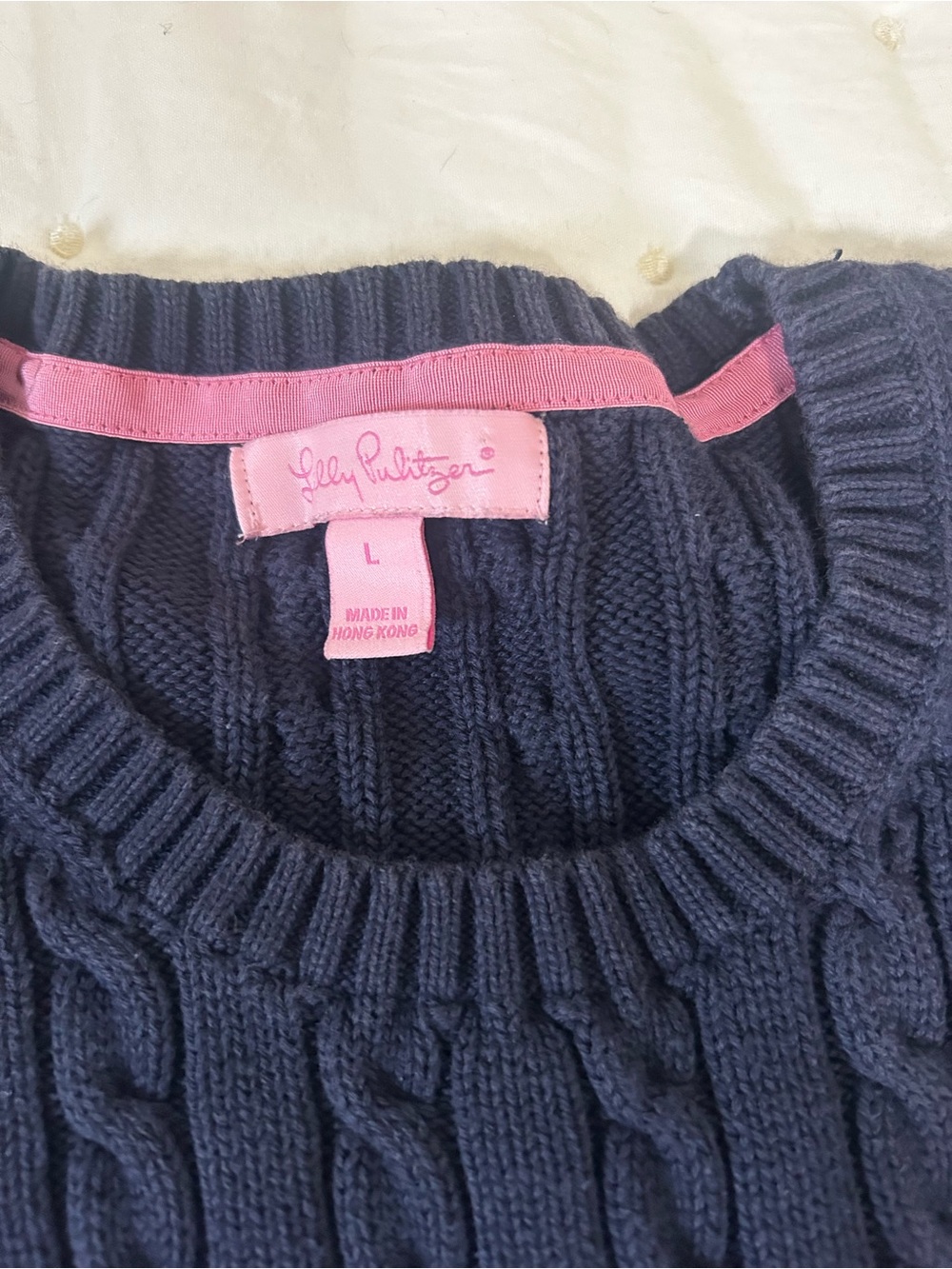 Lilly Pulitzer Navy Cable-Knit Crewneck Sweater with Pink Trim